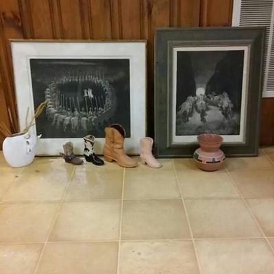 Holley Chirot Etching Prints and Pottery Cowboy Boots