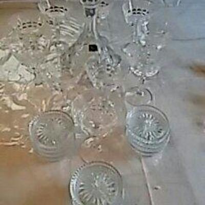 Crystal Glasses, Coasters, and Decanter