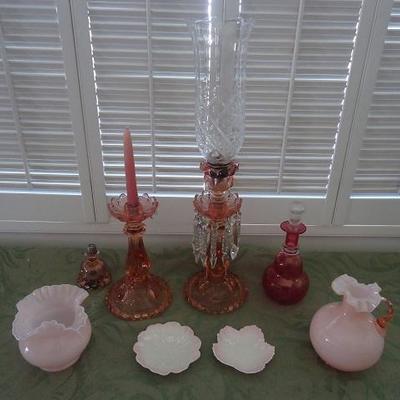 Pink glass hurricane lamp and decor