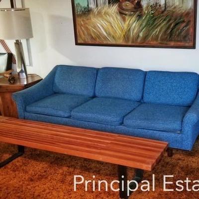 Low profile teal twill/tweed Mid Century Modern sofa - excellent condition! 
