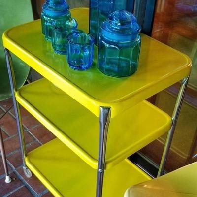 Retro yellow Costco cart with Mid Century kitchenware (Smith blue glass 3 piece canister set) 