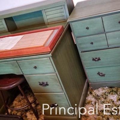 Retro bedroom set with chest of drawers, twin bed frame and bookcase headboard, and desk