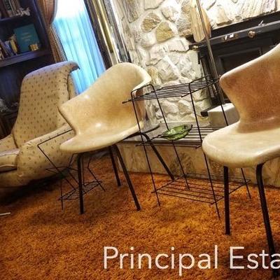 Eames style molded fiberglass armshell chairs, Mid Century wire shelving 