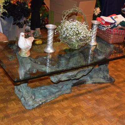 Glass  top coffee table, decor items