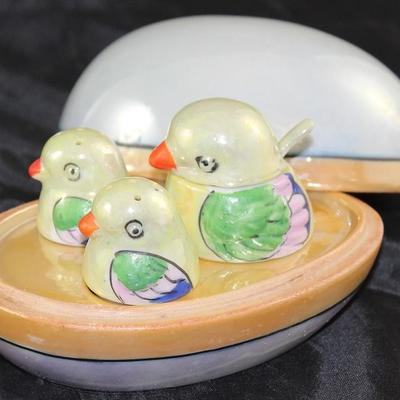 RARE! Made in Japan Hand Painted Egg Caddy Condiment Set with Salt, Pepper and Mustard Dish Complete with mustard spoon 