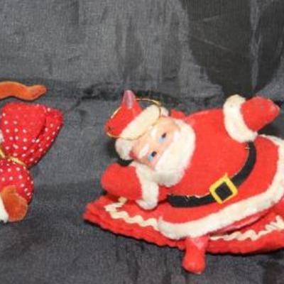 Vintage Mid-Century Japan Flocked Santa:  Santa with Gift, Santa on Pillow and Sequined Santa Dancing