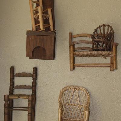 Small 7.5" Rocker with Rush Seat, Natural Wood Bench with Rush Seat and a 5" Grape Vine Chair, Rush Seat Ladder Back Kitchen...