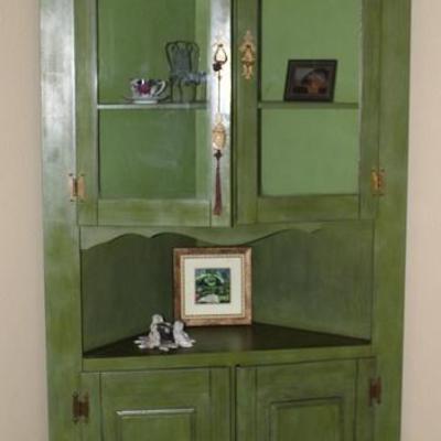Vintage Antiqued Green Painted Corner Cabinet (84â€H x 37â€W x 17â€ Center Depth)