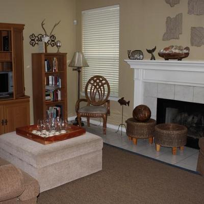 Family Room View showing Natural Wood PC/Entertainment Cabinet and Oak Bookcase, Large Square Storage Base Ottoman, Balloon Back Arm...