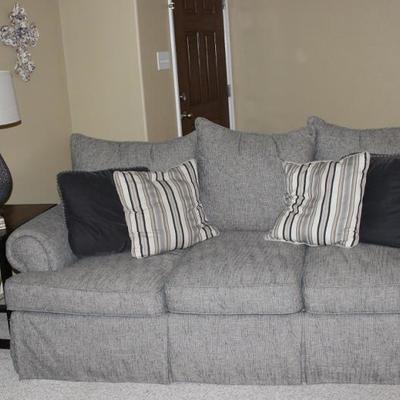 Bernhardt Gray Tweed 3 Cushion Sofa with 3 loose plush Back Pillows
