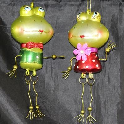 Pair Glass Frog Ornaments with Wire Hands and Dangling Legs & Feet