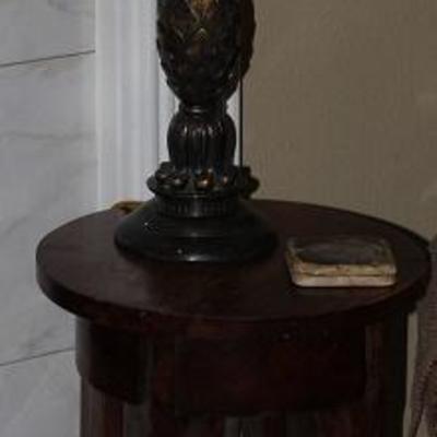 Rustic Dark Pine Table/Stand (24â€H x 15.5â€W). Shown with a Pineapple Table Lamp
