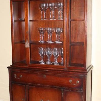 Vintage Mahogany Duncan Phyfe Style Breakfront China Cabinet.  Schreiber & Miller Furniture Company Galveston, Texas stenciled on back.