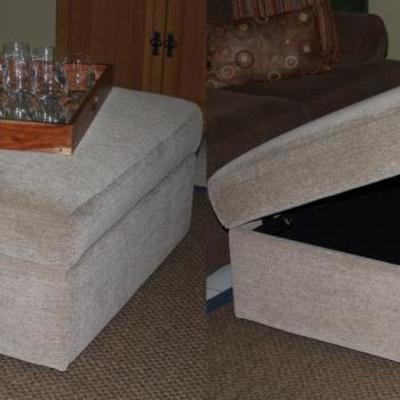 Large Square Beige Upholstery Ottoman (2 views) with a Lift Top for Storage (38â€ x 19â€H ) Shown with Large 24â€ Square Wood Frame...