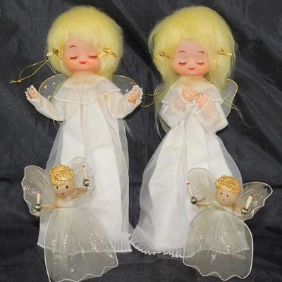 Mid-Century Japan 8" Angel Ornaments, Rubber Face with Yellow Hair in White Nylon Robes. Also shown with 2 ea. Wire Hosiery Angel...
