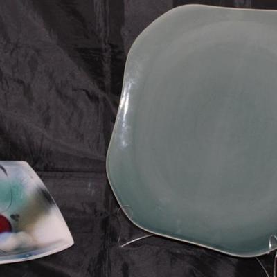 Italy Hand Painted Square Bowl shown with Oneida â€œRussel Wrightâ€ Seafoam Green Square Chop Plate