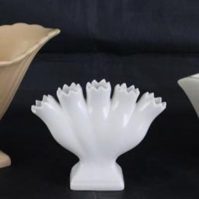 Mid-Century Abingdon  Pottery Pink Double Cornucopia Vase, White Ceramic Finger Vase and McCoy White Planter