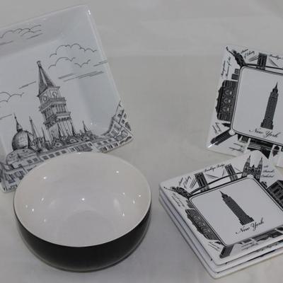 222 Fifth: â€œCity Scenesâ€ Salad Plate, Black Coupe Cereal and â€œCity Blockâ€ Appetizer Plates (4 ea.)