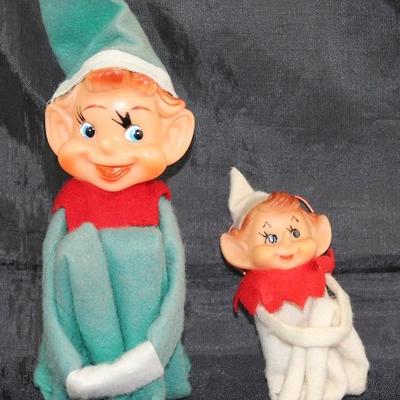 Mid-Century Japan Rubber Face Felt Knee Hugger Elf Ornaments (12" & 6" - Full size)