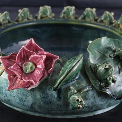  Majolica Glazee Large Lily Pad Frogs Planter