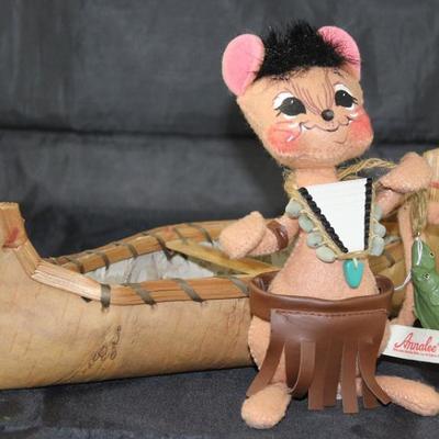Annalee 6" Indian Boy Mouse with  Fish , shown with Birch Canoe, c. 2006