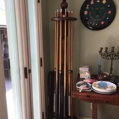 Antique mahogany pool cue holder.  Available for presale $600
One of a kind.