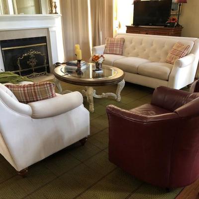 White Couches. Red Armchair. Ornate Coffee Table. Family Heritage Estate Sales, LLC. New Jersey Estate Sales/ Pennsylvania Estate Sales.   