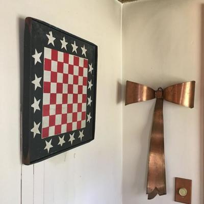 Stars and Stripes Hand Painted Folk Art Checker Board, Copper Wall Hanging Bow 
