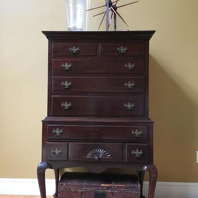 Chippendale Chest on Stand, Leather Trunk, Primitive Textile Wheel 