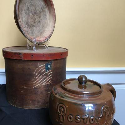 19th Century Primitive Pie Plate, Boston Baked Beans Crock, Flag Decorated Wooden Box