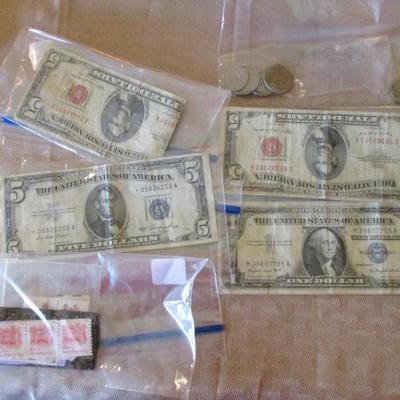 Lot of old bills, coins, and stamps