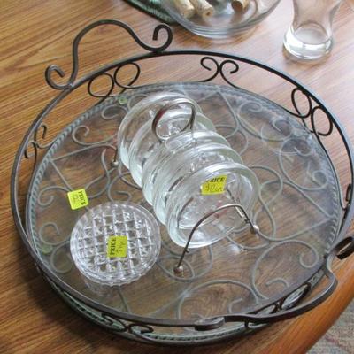 Metal and glass tray with glass coasters