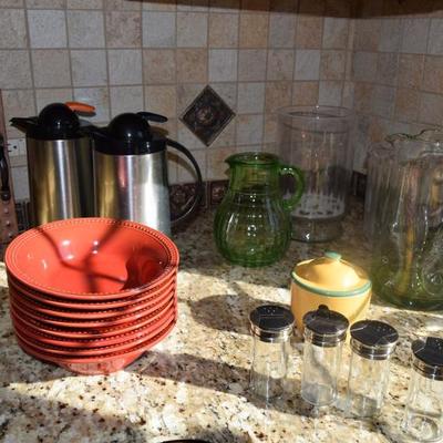 Fiestaware, glass pitchers, coffee pots