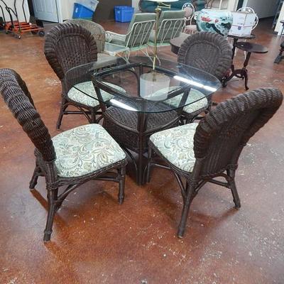 Brown Wicker Glass Top Table & 4
