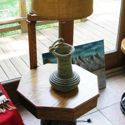 hand crafted oak end table with attached lamp  BUY IT NOW  $ 110.00