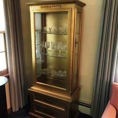 Gold-finish glass display cabinet, 2 drawers