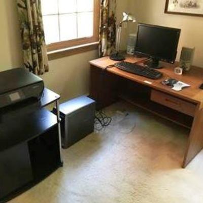 Desk, computer, HP printer, stand, 2 lamps