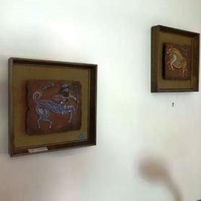 2 framed artwork tiles - Sagittarius & Taurus signed by Peggy Nagel