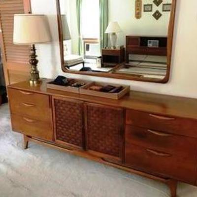 6 piece walnut mid-century bedroom set with basketweave panels by Lane