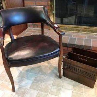 Leather chair & mahogany magazine rack