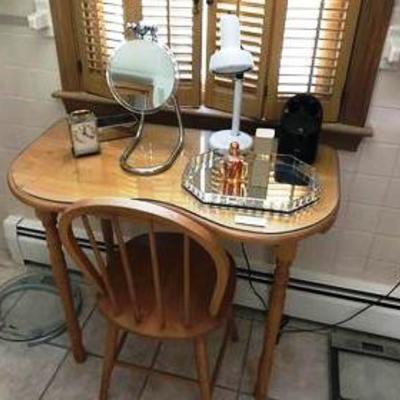 Vanity, chairs, items on the vanity, & 2 bathroom scales