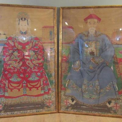 Pair Large Chinese Painted Ancestral Portraits