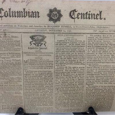 1792 Columbian Centinel Newspaper