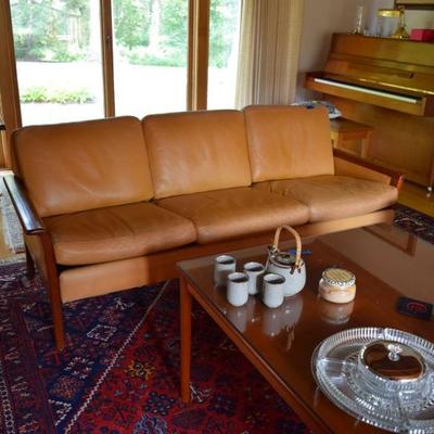 Mid-Century Leather Sofa, Coffee Table, & Home Decor