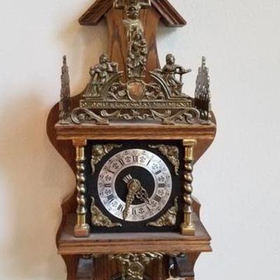 Old German Wall Clock with Ornate Brass DÃ©cor
