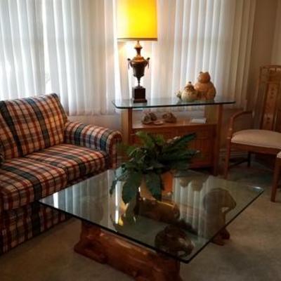 Plaid Couch, Side and Coffee Tables

