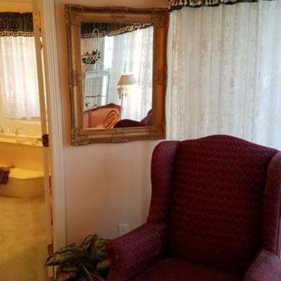 Wing back Chair and Framed Mirror

