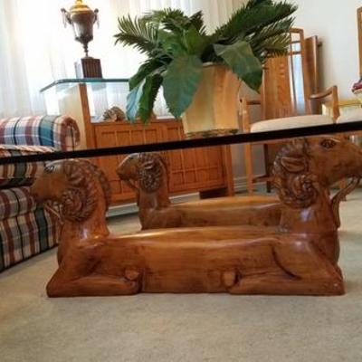 Carved Wood Rams with Glass Top Table
