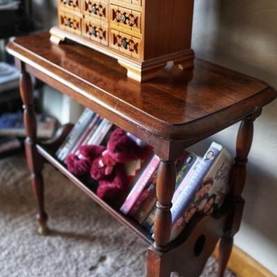 Side table with bookshelf storage / antique/vintage carved jewelry box