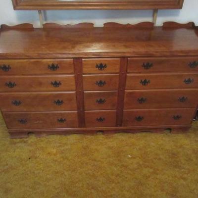 Mid-century elegant solid maple wood triple dresser with attached mirror (mirror not shown)